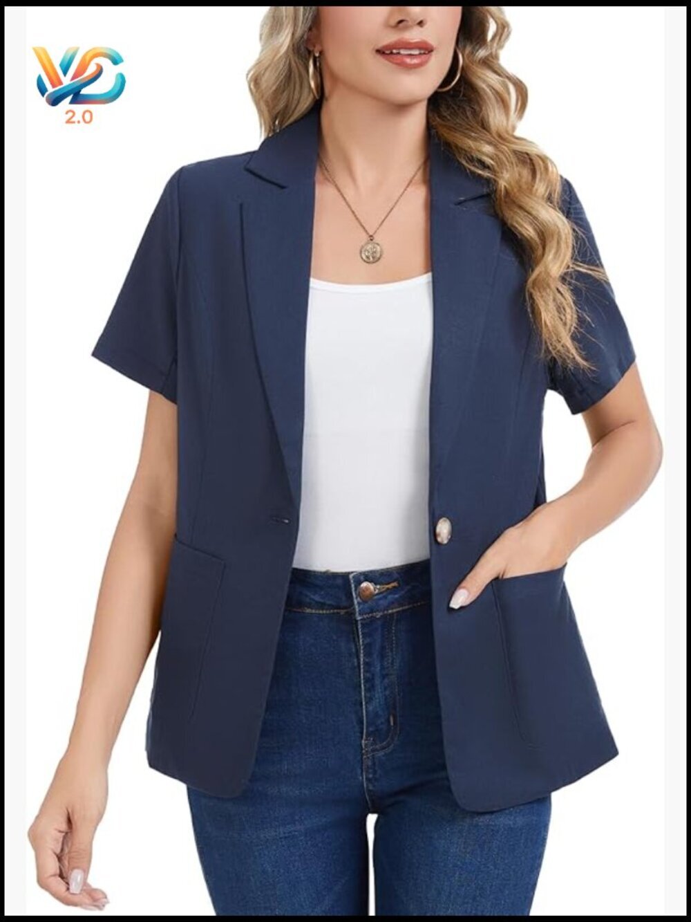 Short Sleeve Cotton Linen Blazer One Button Open Front Work Office